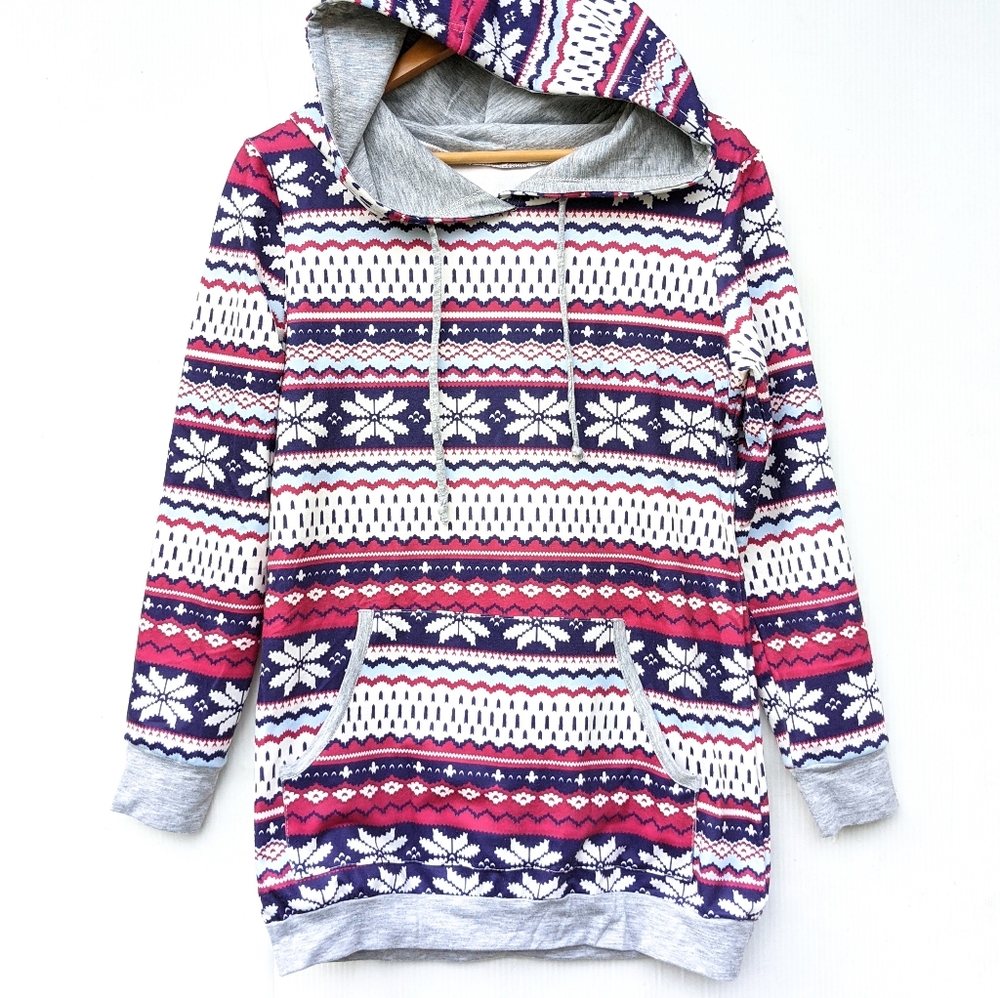 Women's pink purple fair isle Nordic Norwegian Pull-over Hoodie